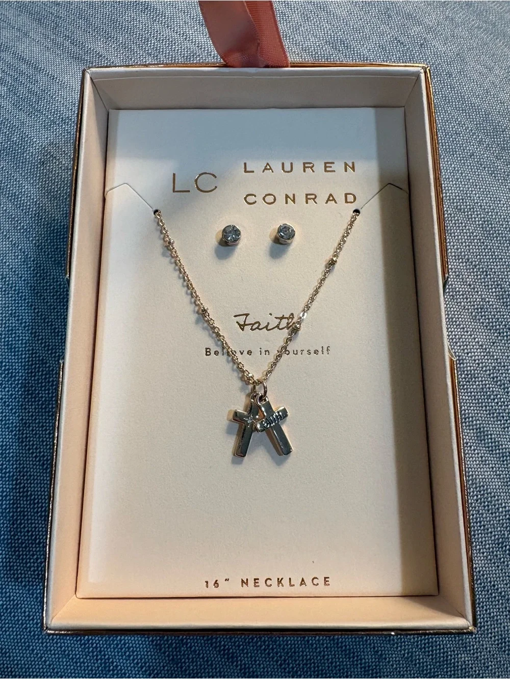 LC Lauren Conrad Silver Cross Pendant Necklace and Stud Earrings Set
